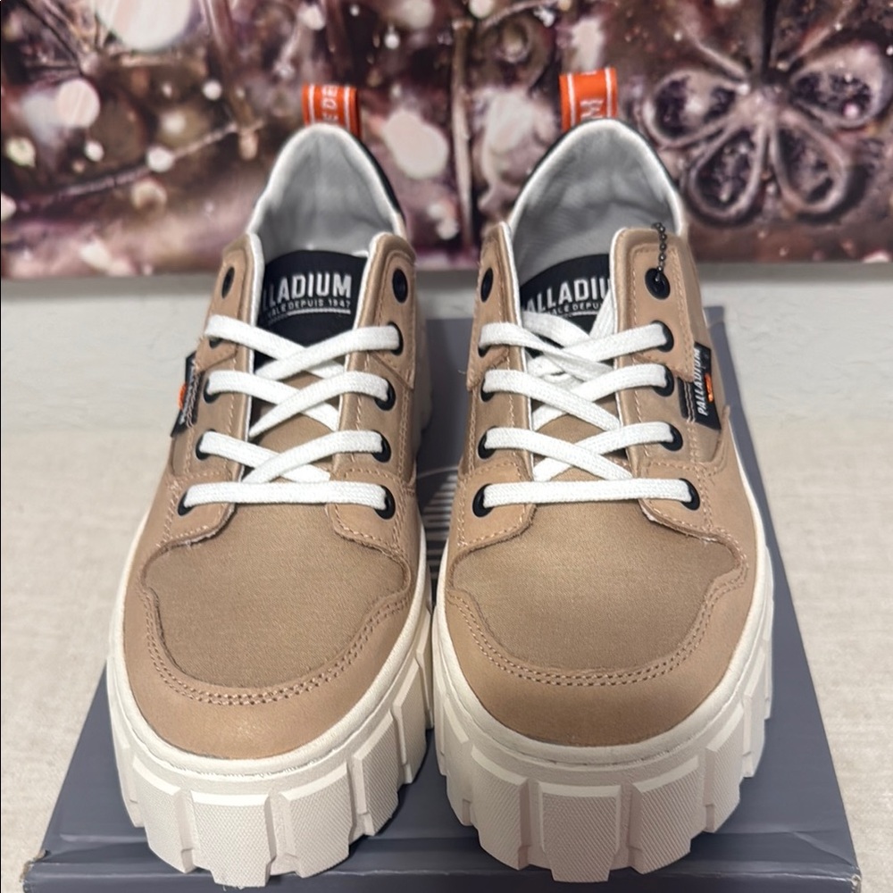 Palladium Tan and White Platform Sneakers